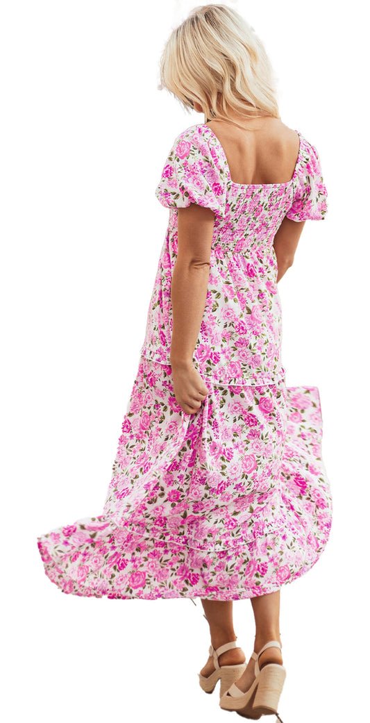 LuckeLadybug A Line pink floral smocked dress with puff sleeves square back and flowy tiered skirt