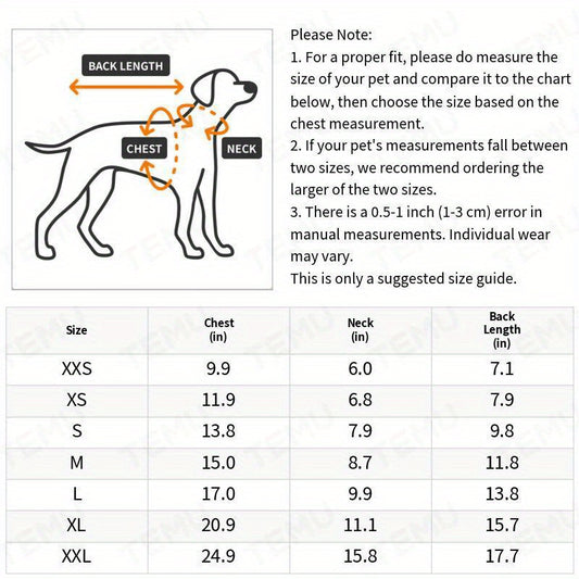 Size guide for breathable pet shirts for dogs and cats showing chest, neck and back length measurements