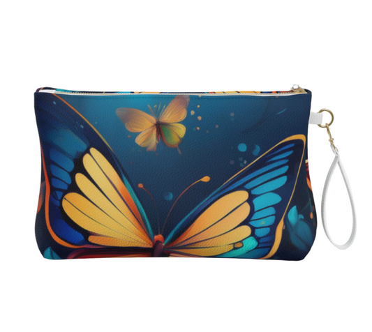 Printful vegan leather makeup bag with colorful butterfly design cosmetic bag on dark background