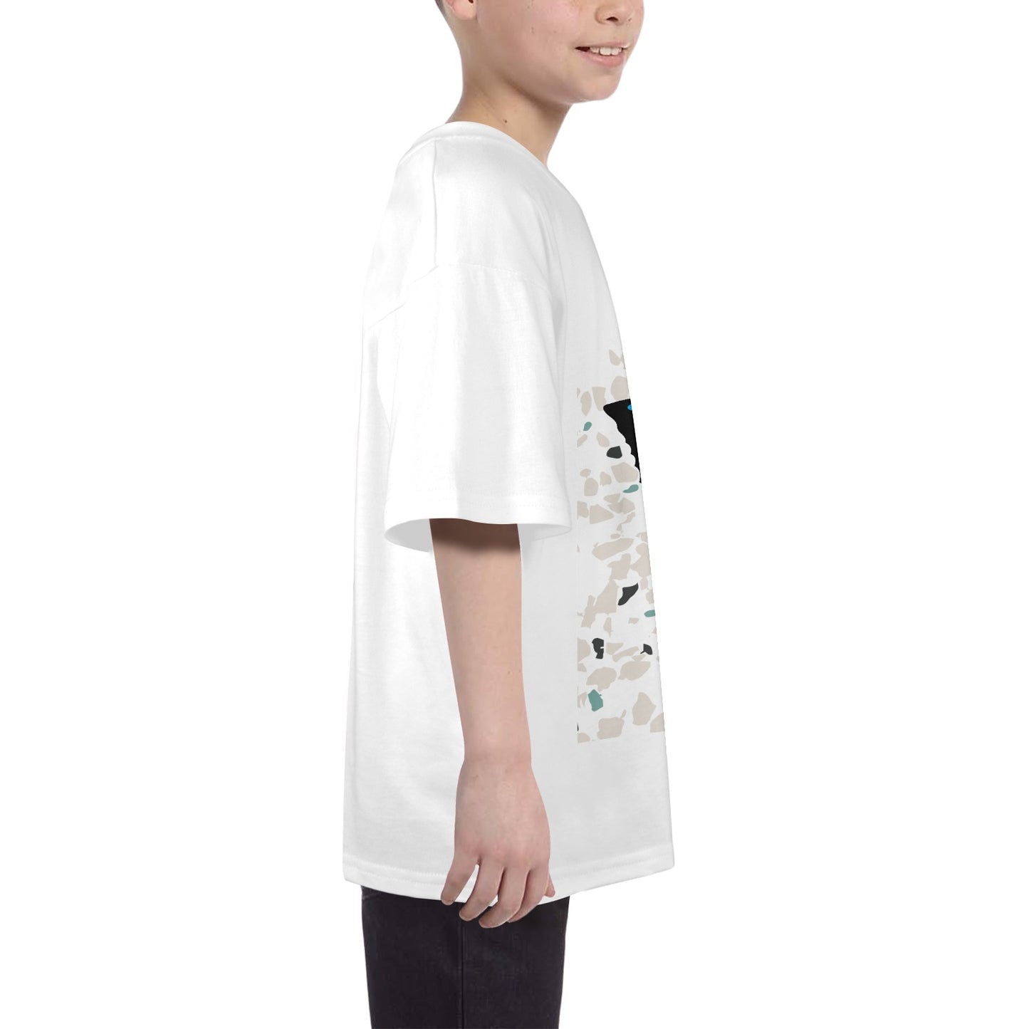 White butterfly kids t shirt worn by child showing side view of design and fit