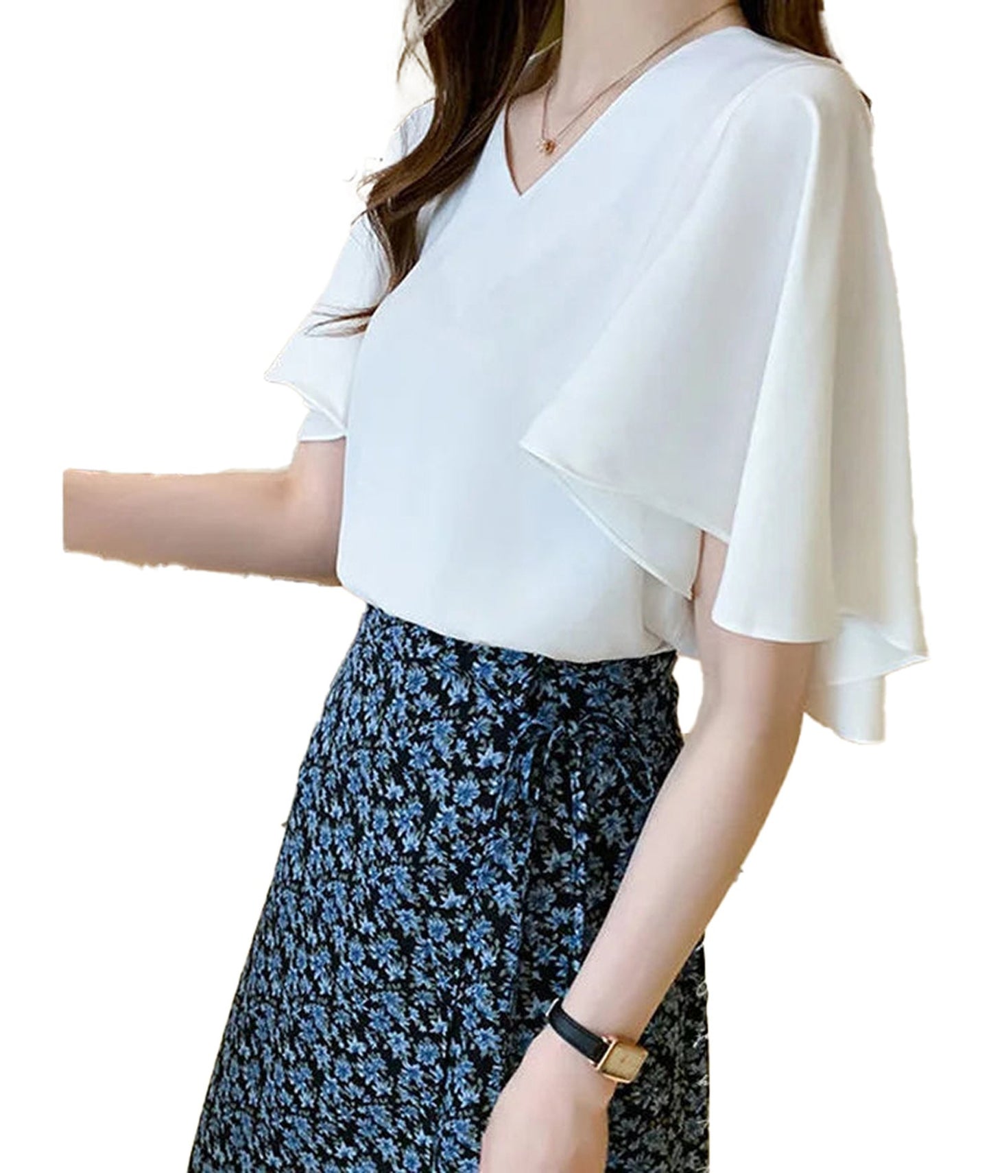 Elegant white butterfly sleeve blouse for women paired with a floral skirt, perfect for casual outings