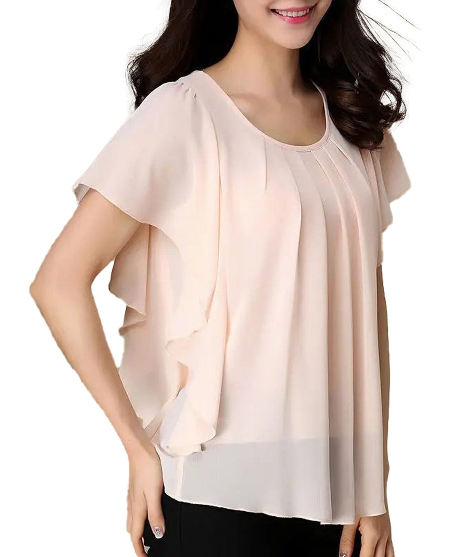 Peach LuckeLadybug LLC butterfly sleeve blouses for women with soft pleats for a stylish look