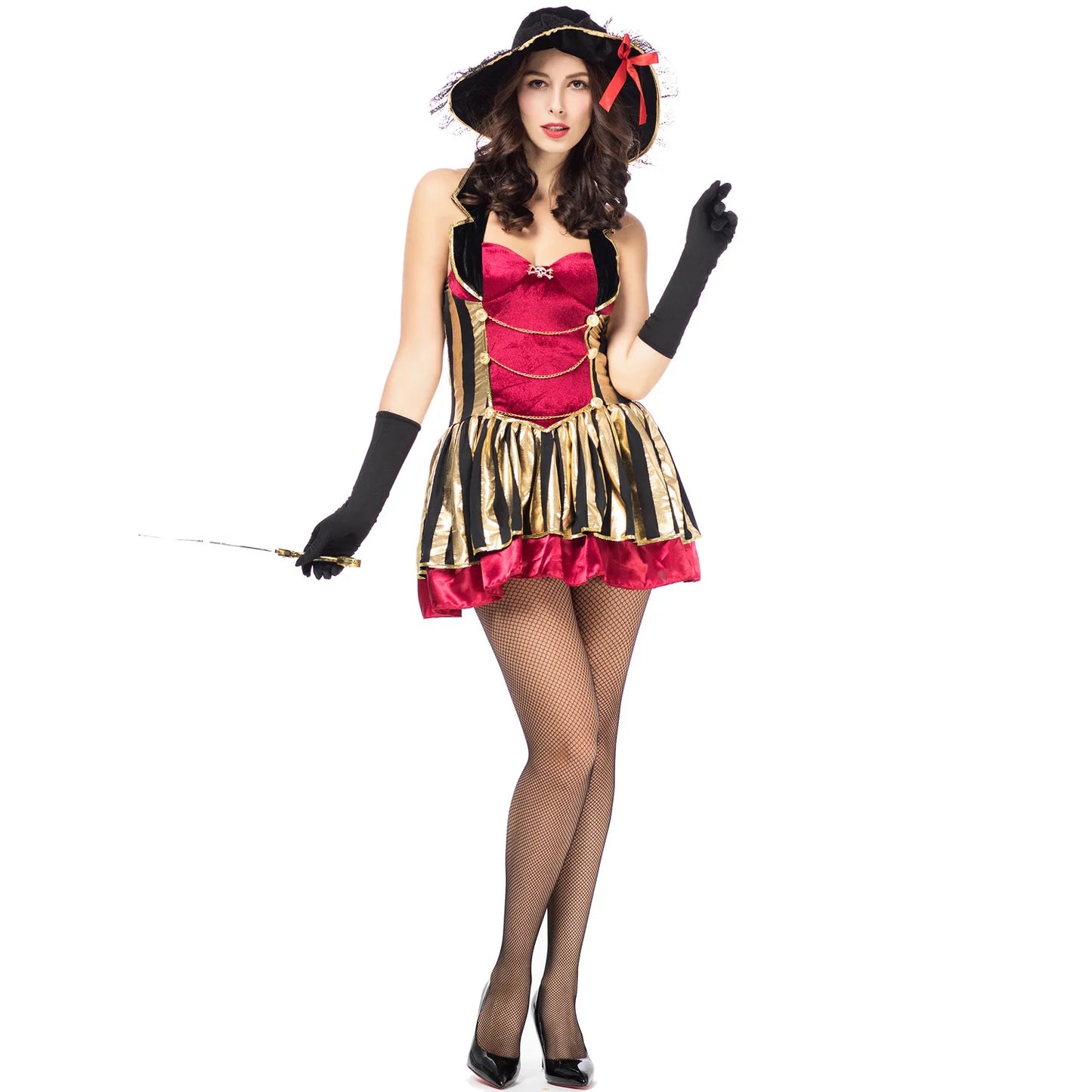 Caribbean pirate costume for women featuring a red and black dress with gloves and hat