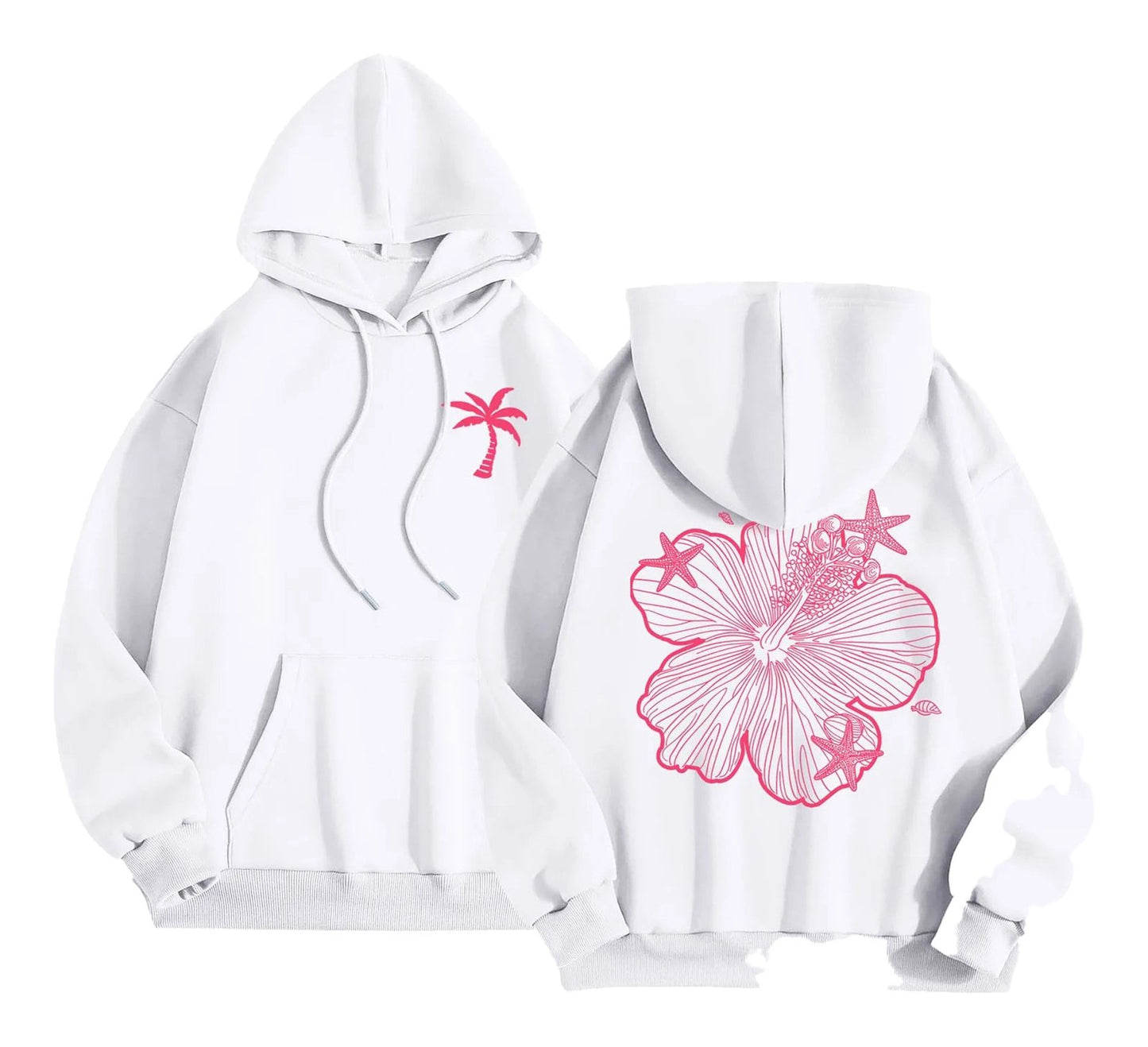LuckeLadybug women's casual hoodies featuring a pink flower design and palm tree on a white background