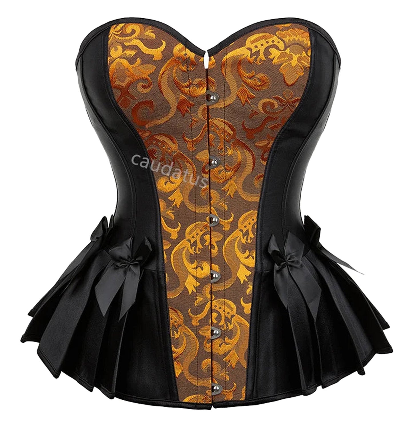 Stylish blue steampunk corset top with intricate patterns and elegant bows for a unique look