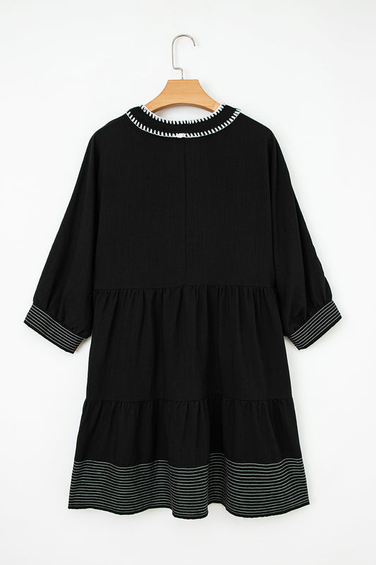 Black Contrast Stitch Mini Dress Tiered V-Neck