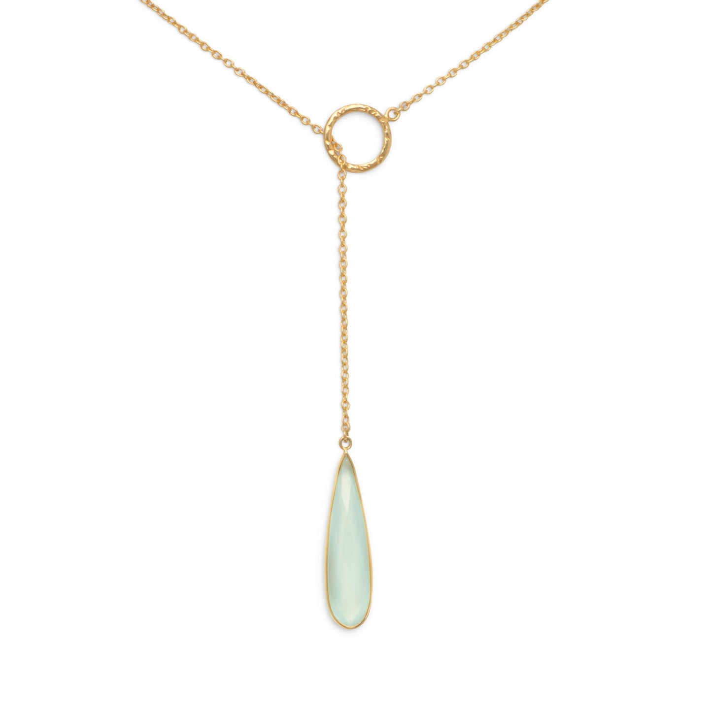 LuckeLadybug LLC Chalcedony lariat necklace with a delicate gold chain and teardrop pendant