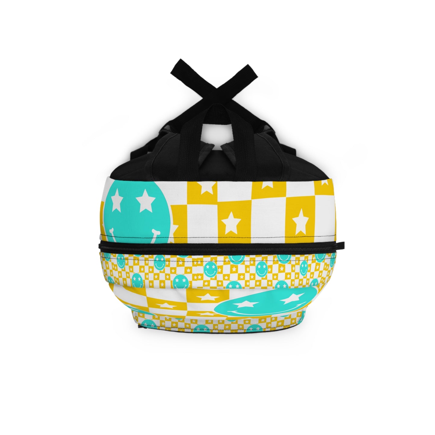 Checkered backpack with smiley face design in yellow and turquoise by LuckeLadybug
