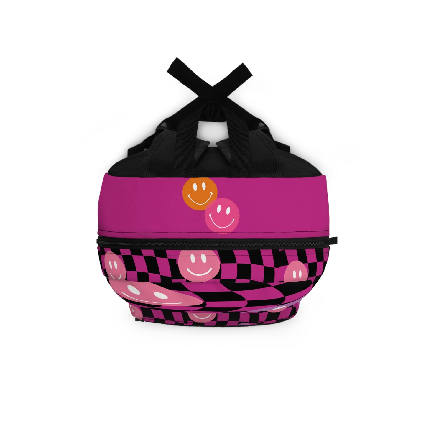 luckeladybug checkered pink backpack with black squares and smiling face design