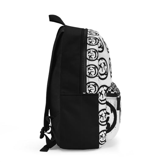 Side view of LuckeLadybug checkered smiley face backpack with black and white smiley pattern and solid black sides