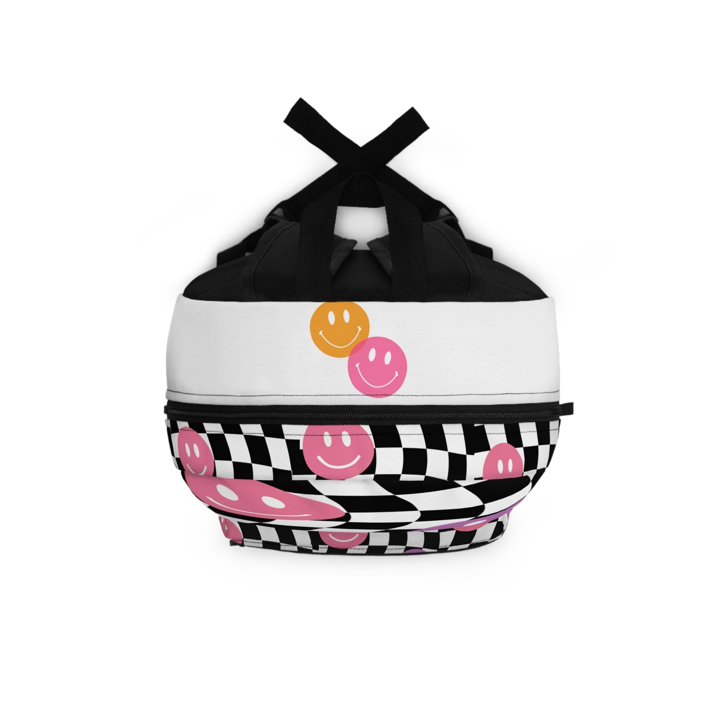 LuckeLadybug checkered smiley face backpack with black white pattern and pink orange smiley faces