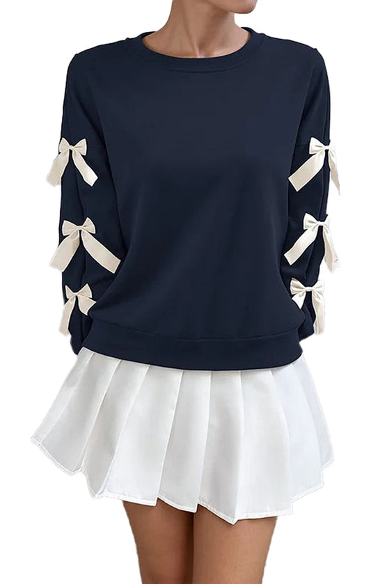 Navy Christmas bow women’s sweatshirt with stylish bow details on sleeves for festive fashion