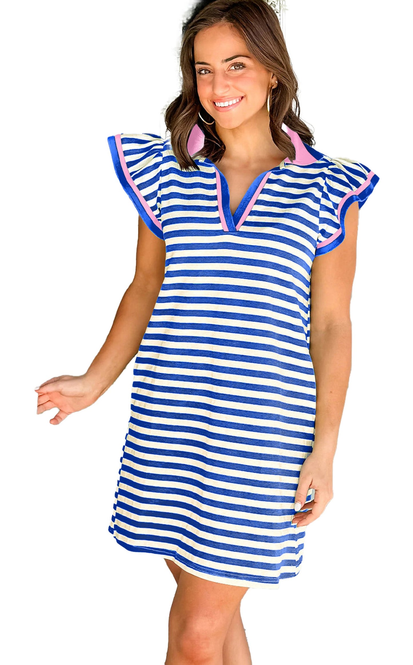 LuckeLadybug H Line dark blue striped flutter sleeve dress on smiling model at doorway casual summer look