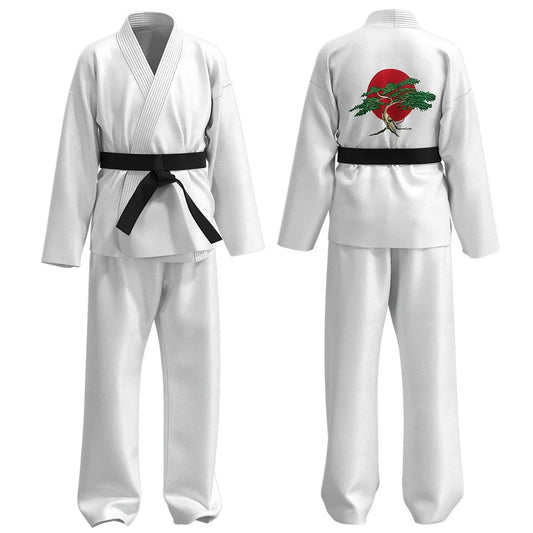 Cobra Kai karate costume for kids featuring a white gi with black belt and colorful back design