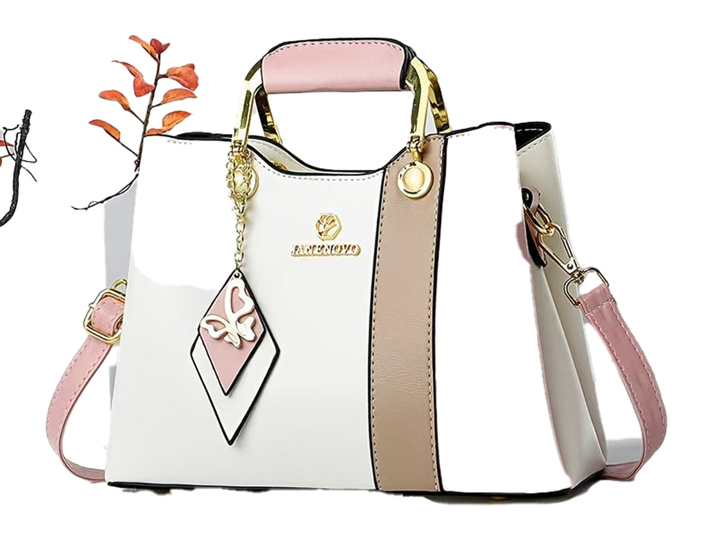 LuckeLadybug colorblock top handle satchel in stylish white, pink, and tan with decorative charm