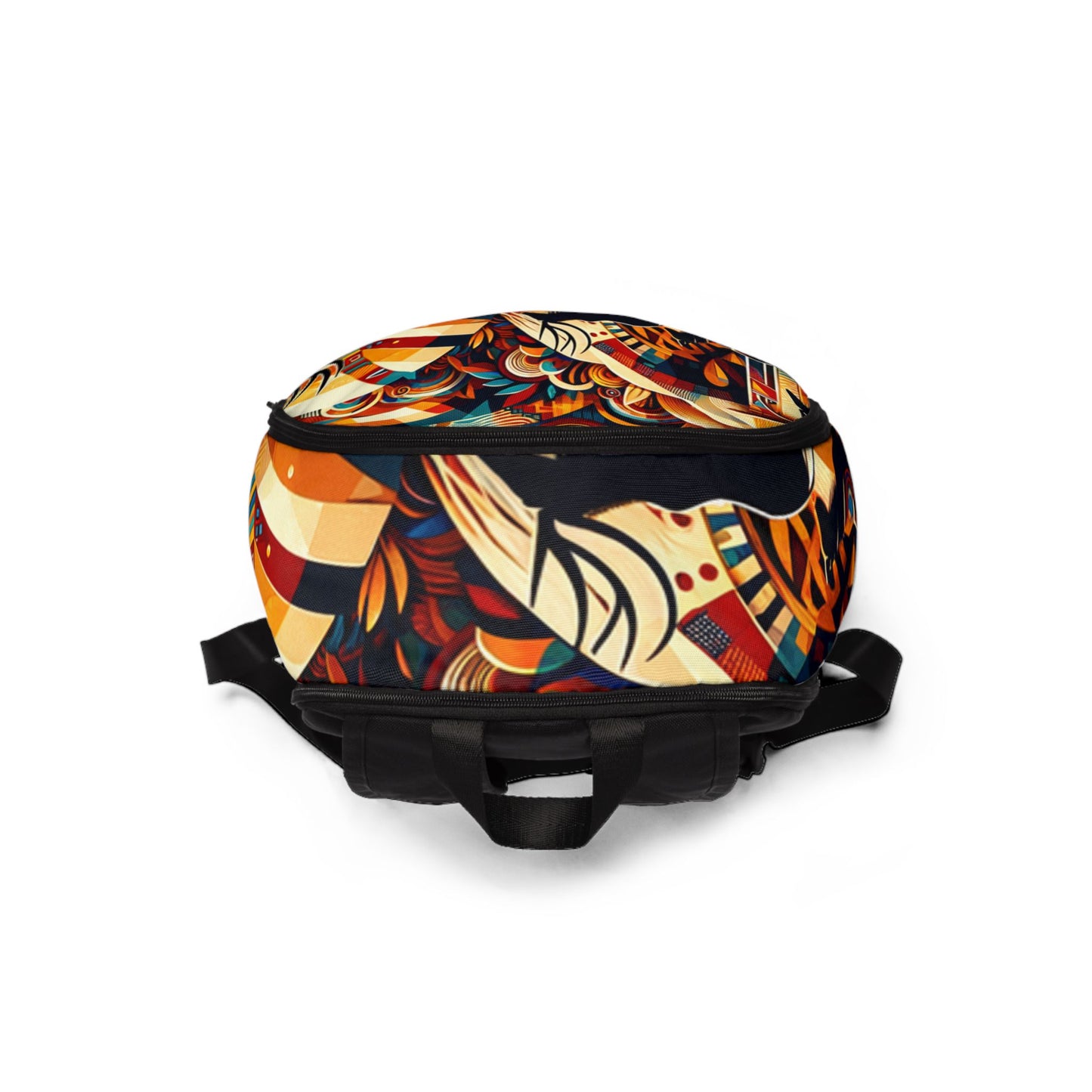 LuckeLadybug colorful abstract backpack with vibrant geometric and floral patterns and black straps