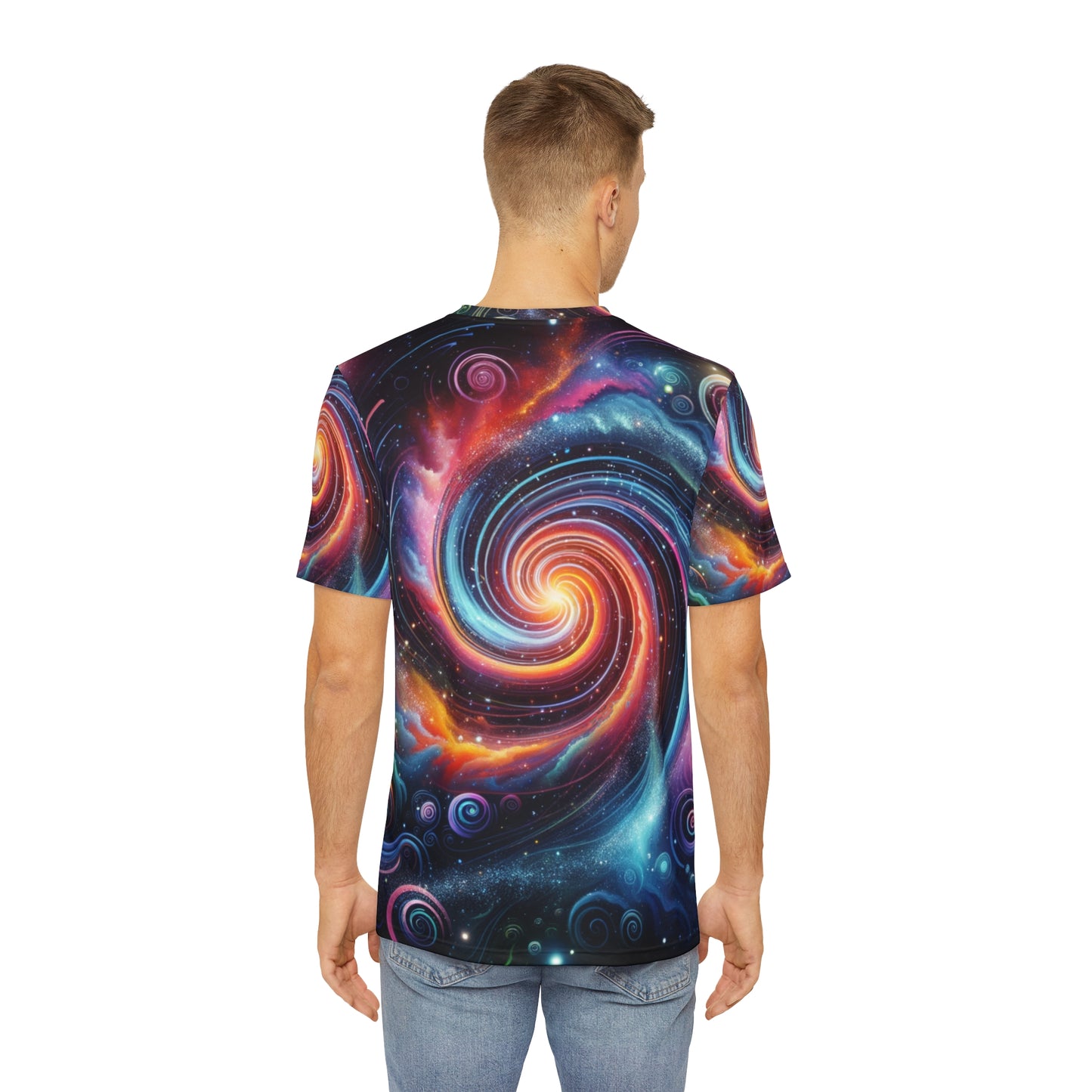 Back view of man wearing colorful galaxy print t-shirt with vibrant swirling space design