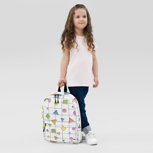 Girl holding colorful geometric backpack with various shapes in bright colors by LuckeLadybug