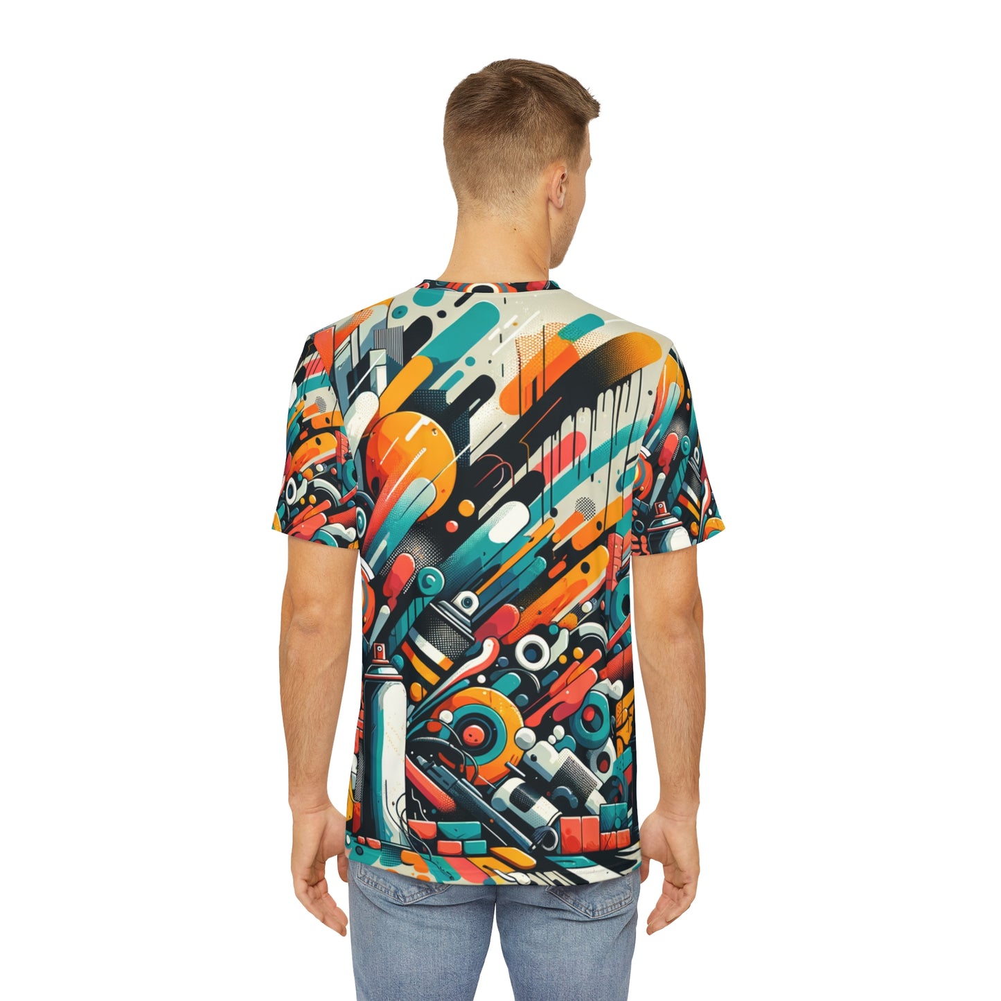 Back view of colorful modern graphic tee for men by LuckeLadybug with vibrant abstract design