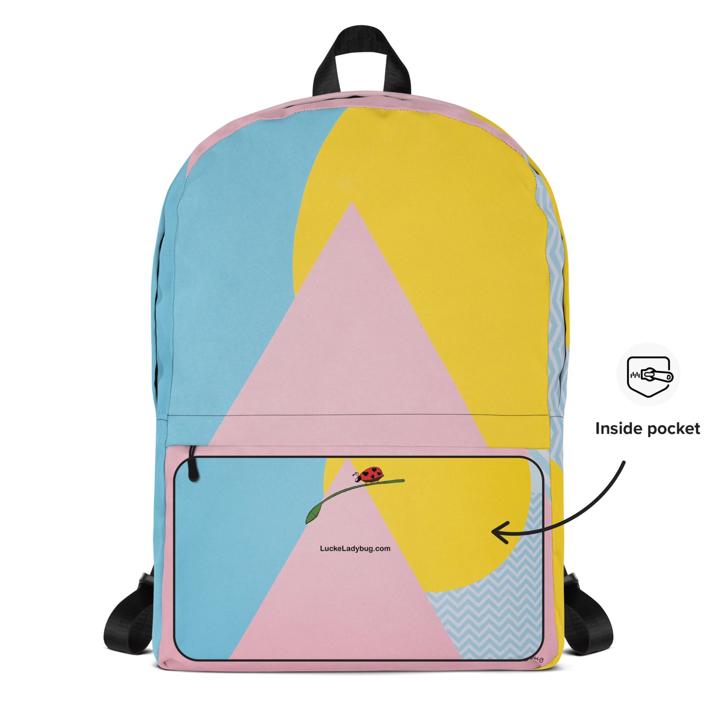 LuckeLadybug colorful trendy backpack with geometric pastel design and front zippered pocket
