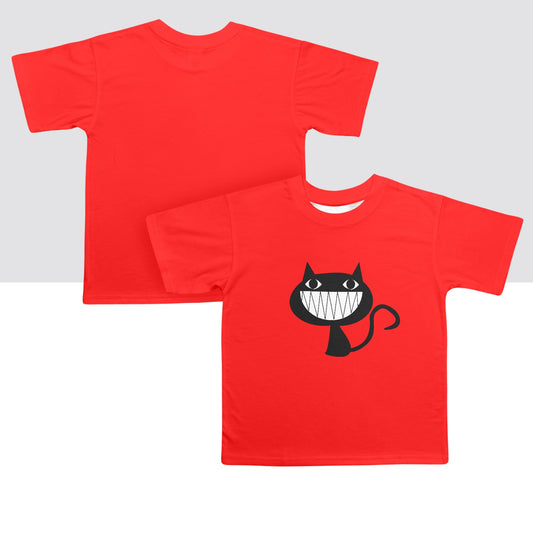 Red cool cat kids t shirt featuring a black cat graphic with a big smile