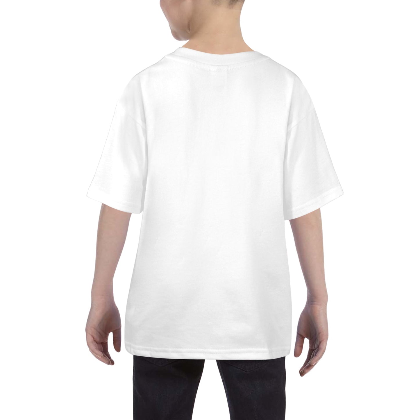 Back view of a child wearing a plain white cool cat kids t shirt