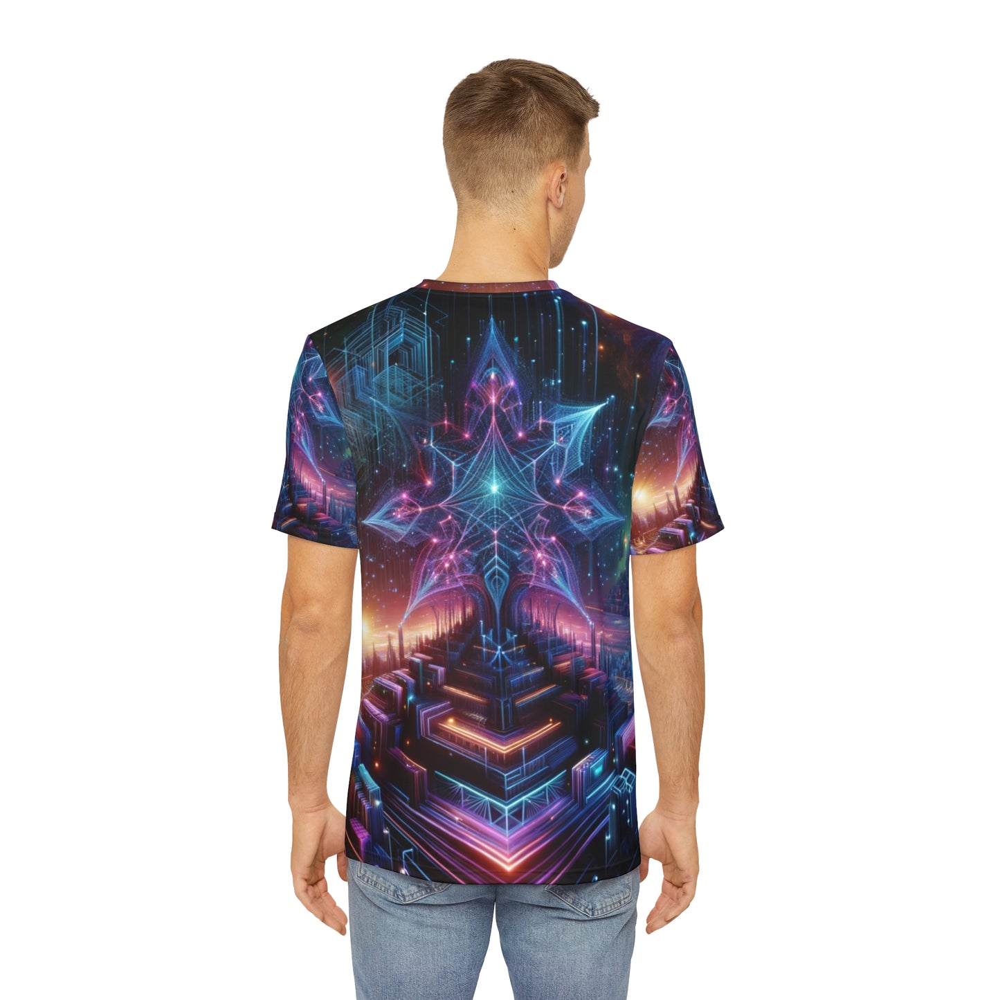 LuckeLadybug cool streetwear neon shirt with vibrant futuristic geometric design on back