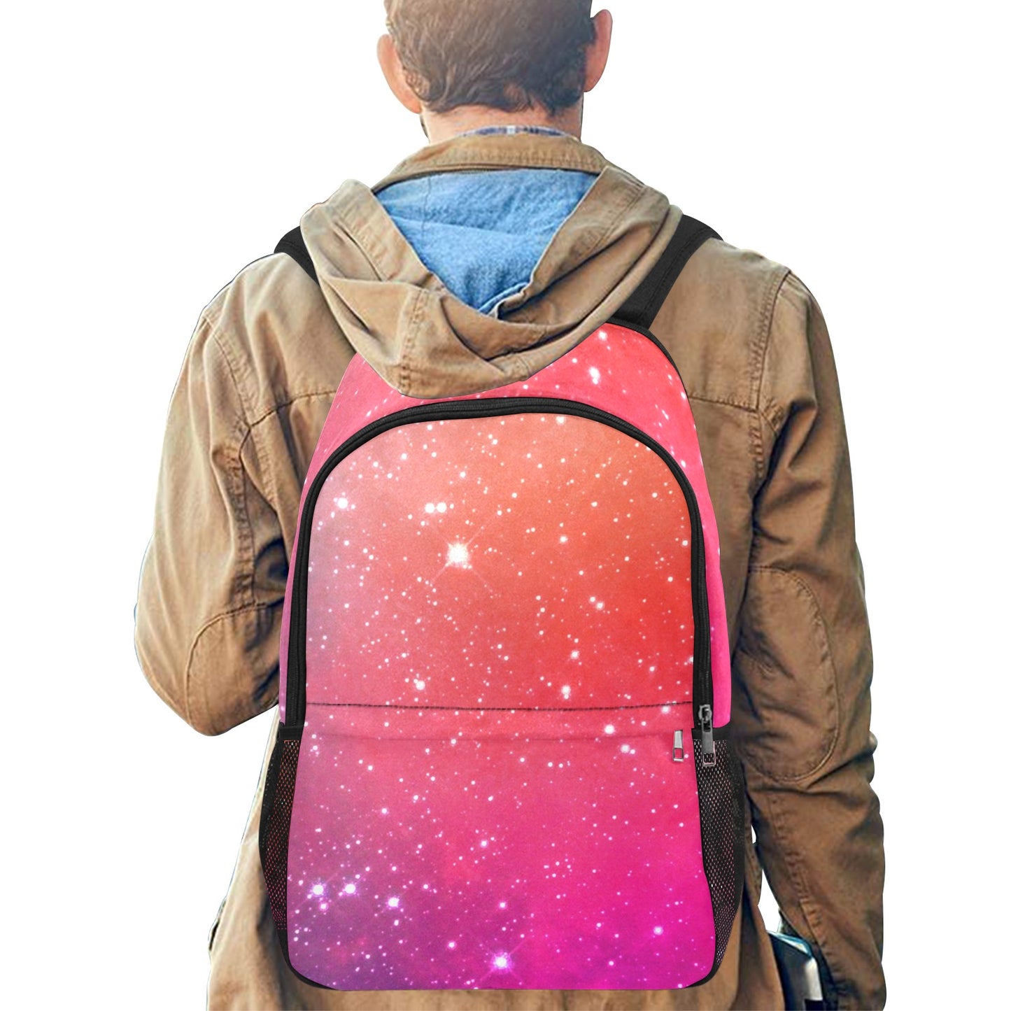 Inkedjoy galaxy print fashion backpack with side mesh pockets worn by person in brown jacket