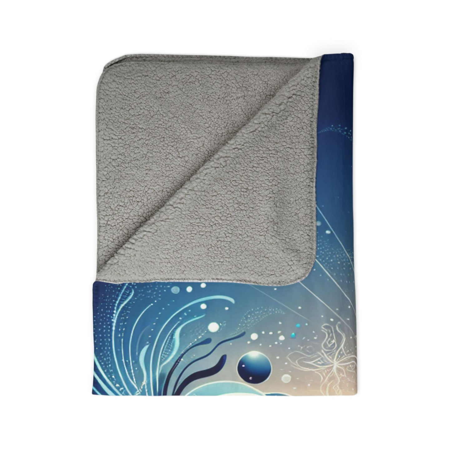 LuckeLadybug sherpa blanket with abstract blue design and soft gray lining cozy decorative throw blanket