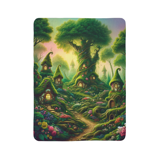 LuckeLadybug sherpa blanket featuring a cozy forest throw blanket design with enchanted tree houses and lush greenery