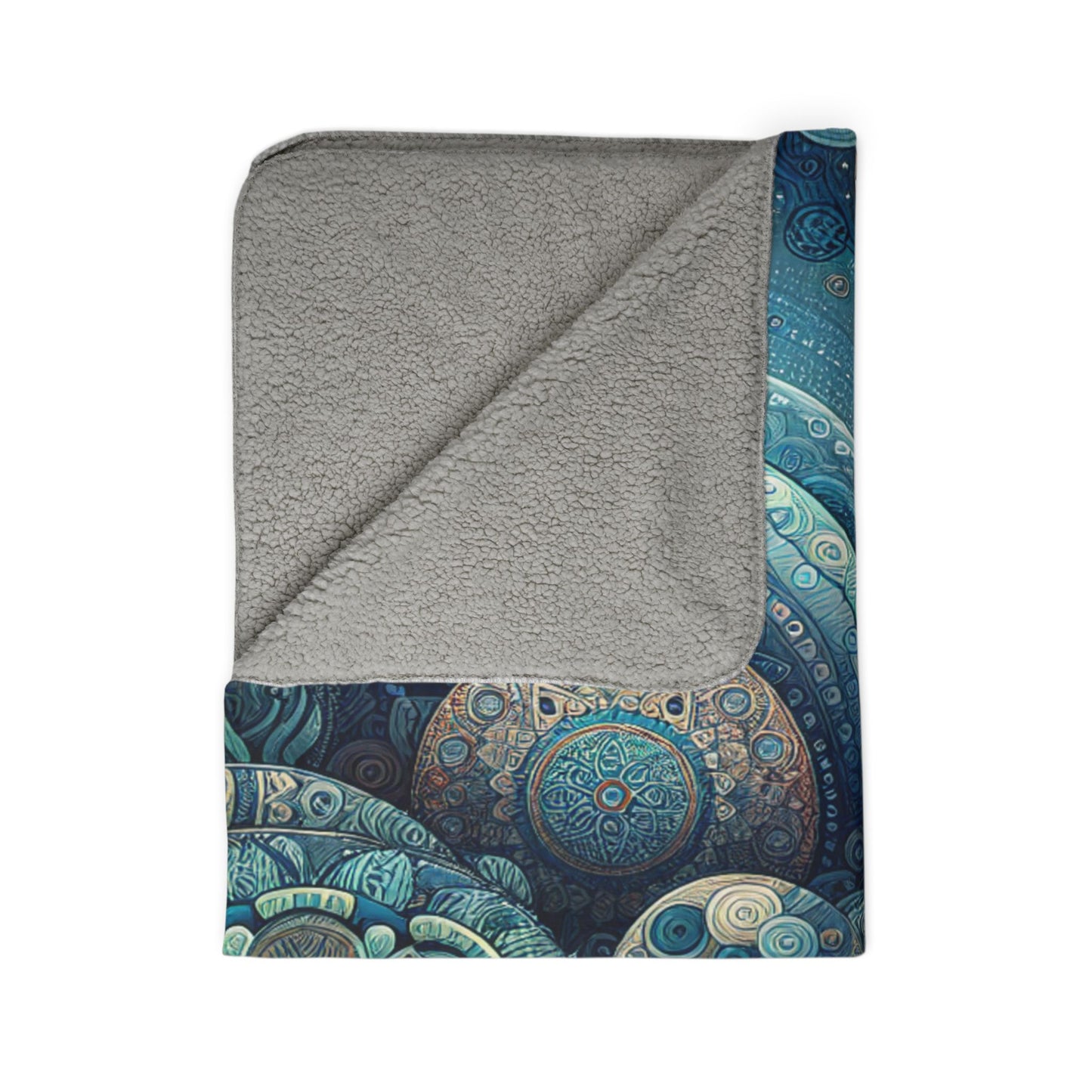 LuckeLadybug sherpa blanket with grey fleece and blue patterned design cozy modern home decor blanket