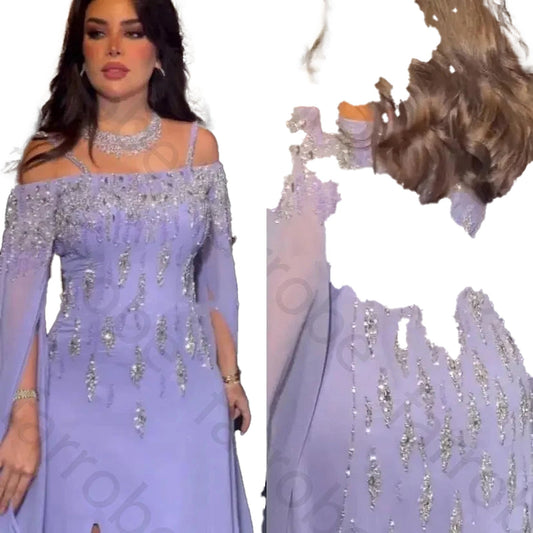 Custom Arabic lilac mermaid prom dress with elegant embellishments and off-shoulder design