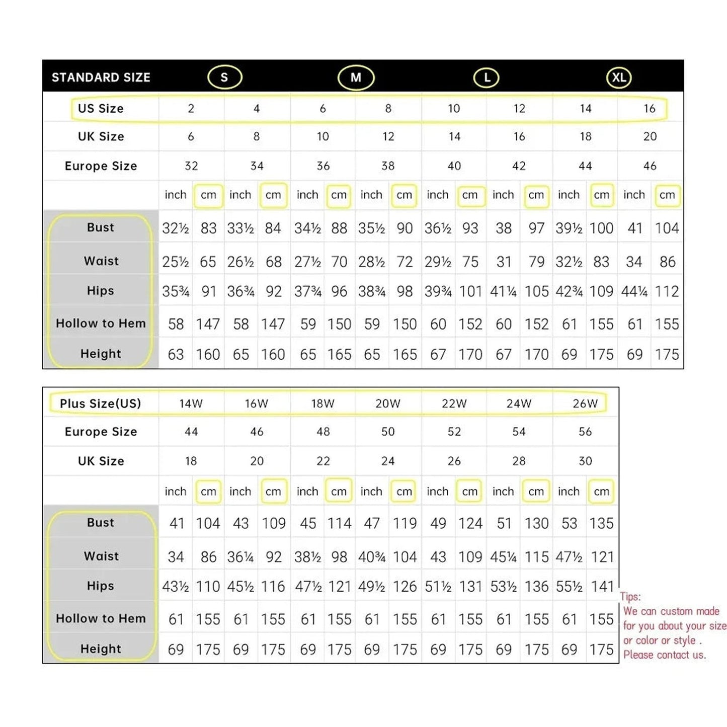 Custom baby blue mermaid evening dress size chart for LuckeLadybug LLC with detailed measurements