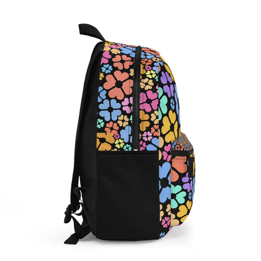 LuckeLadybug custom design backpack with colorful floral pattern on a black background