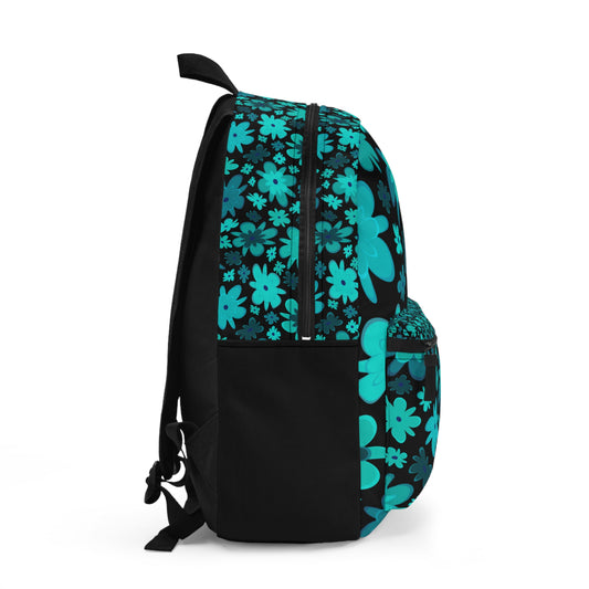 LuckeLadybug custom design backpack featuring a vibrant teal floral pattern and black accents
