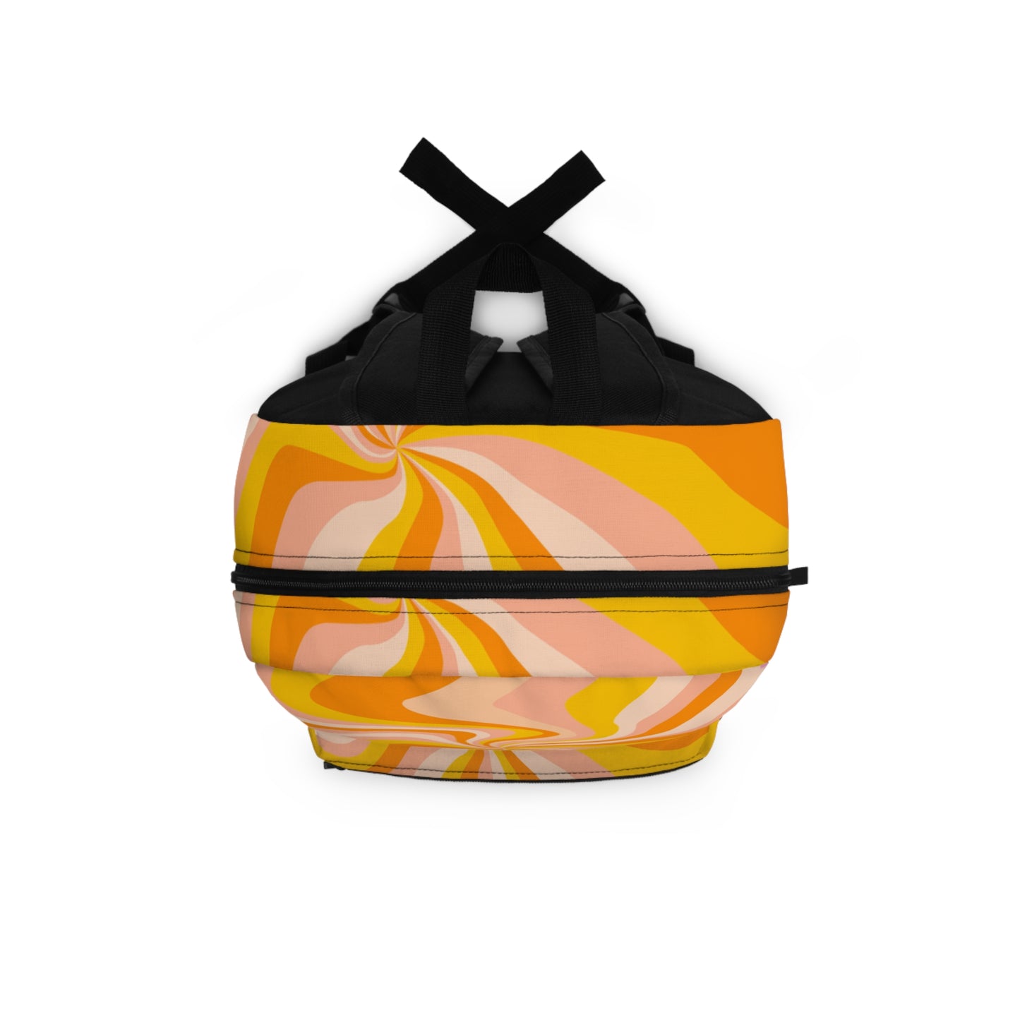 Custom design backpack in vibrant orange and pink swirl pattern with sturdy black straps