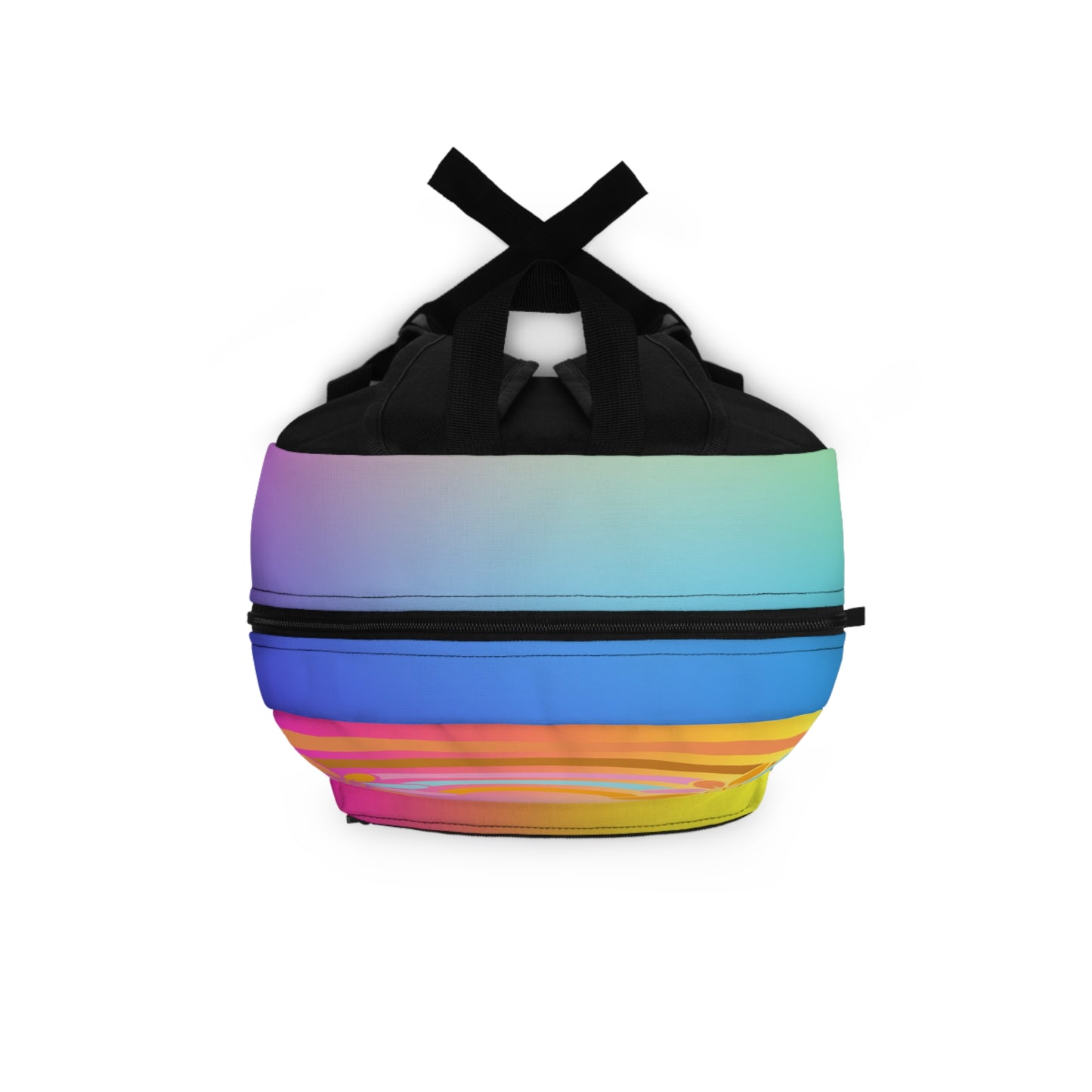 Custom rainbow backpack with vibrant multicolored design and black straps for stylish storage