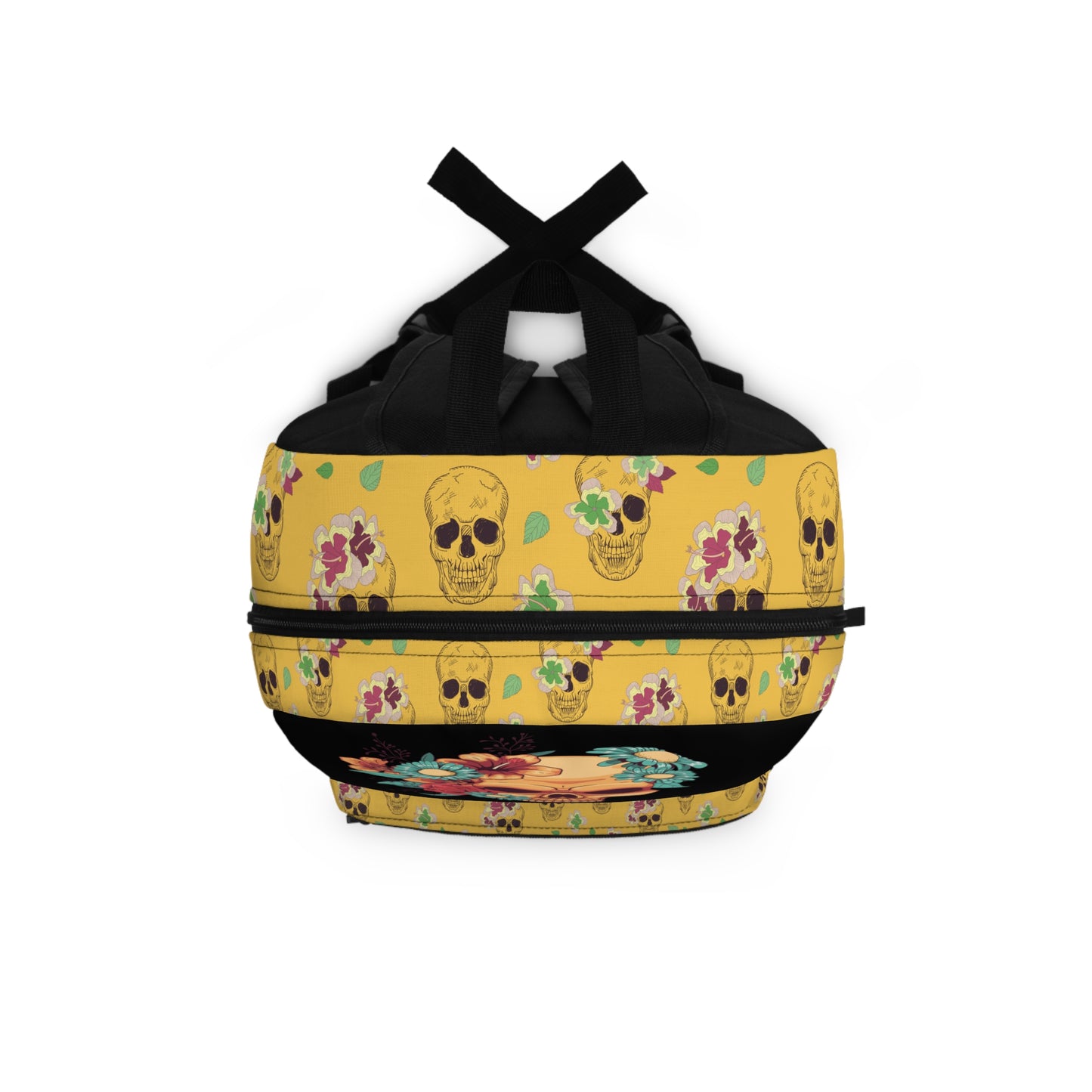 LuckeLadybug custom skull backpack with floral designs on a vibrant yellow background