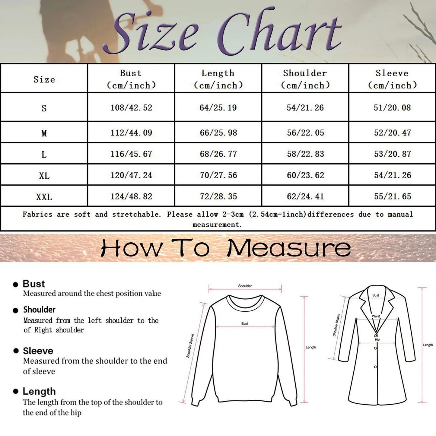 Size chart for women’s cute Christmas sweatshirt for women with measurement guidelines