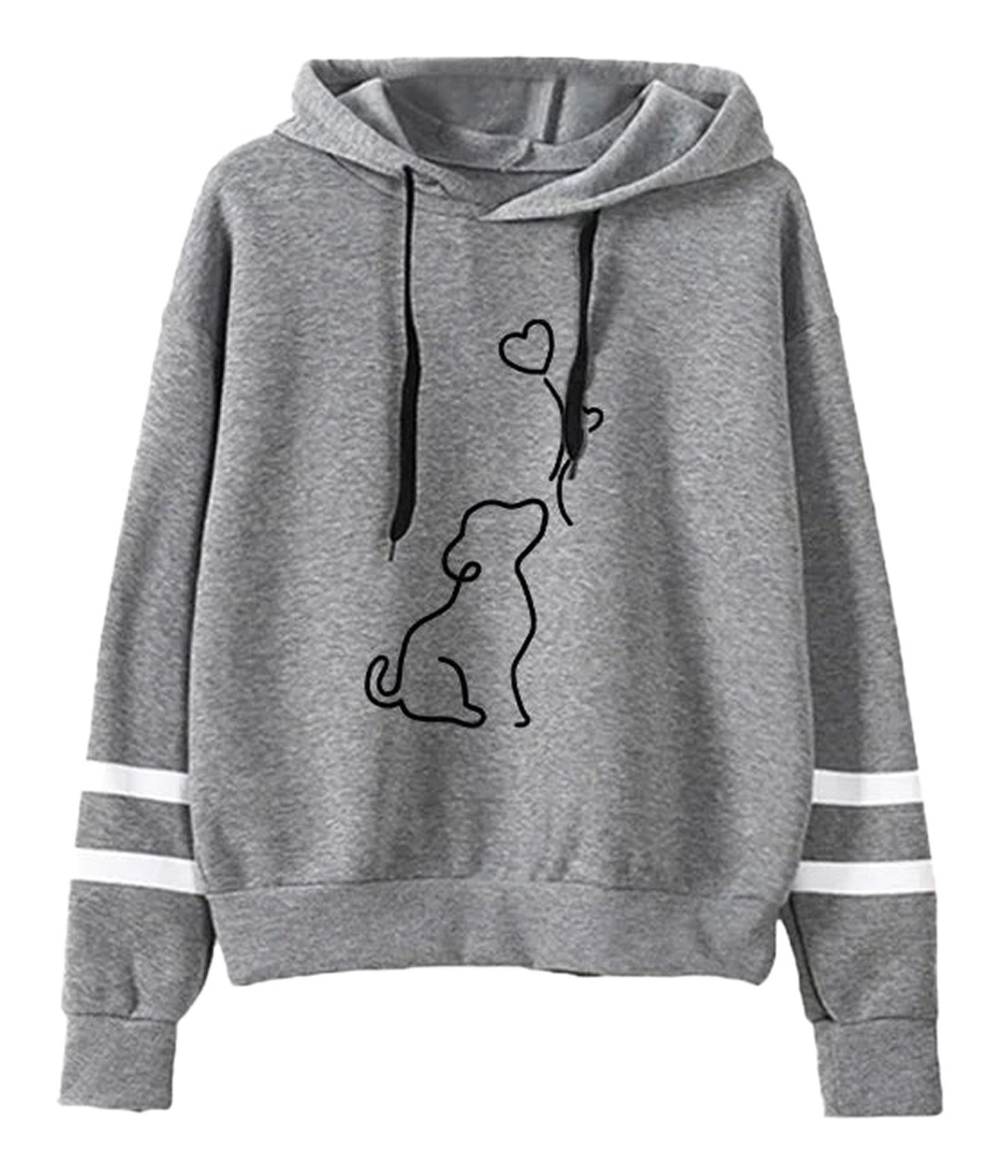 Cute dog print womens hoodie in gray with stylish stripes and a playful dog design