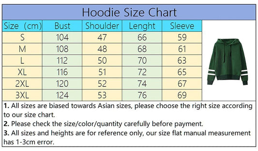 Cute dog print womens hoodie in green with stylish stripes and size chart for perfect fit