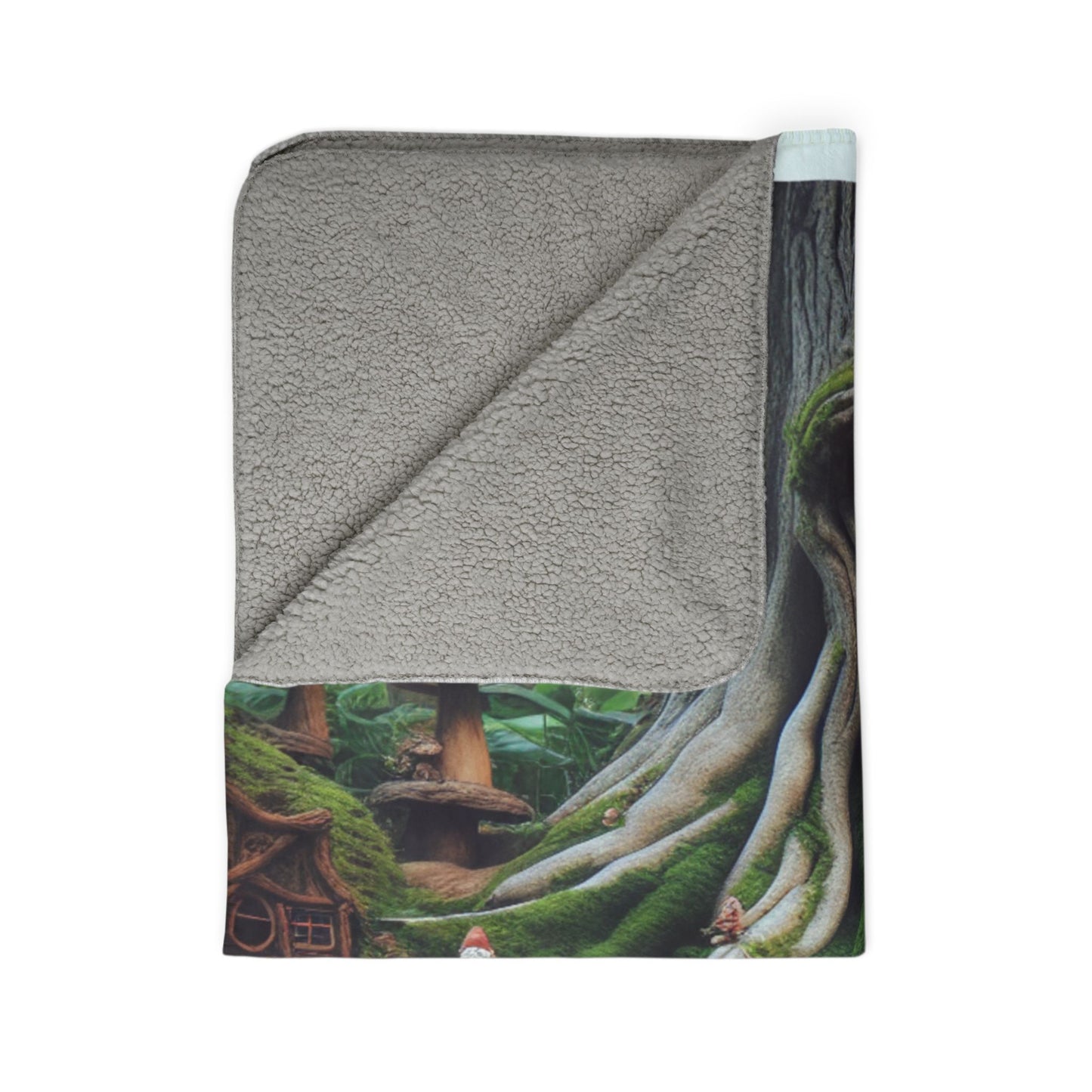 LuckeLadybug cute gnome sherpa blanket with forest and mushroom house design and soft gray sherpa lining