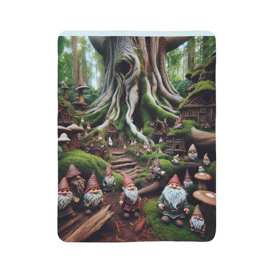 LuckeLadybug cute gnome sherpa blanket featuring whimsical gnome village and large tree design