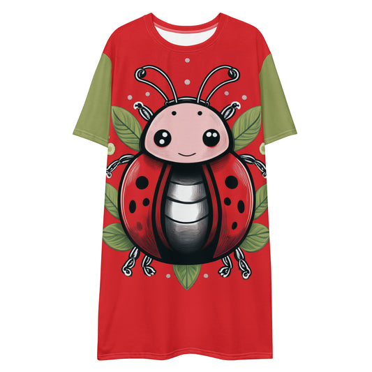 Red t-shirt dress featuring a cute ladybug dress design with green sleeves and leaf accents