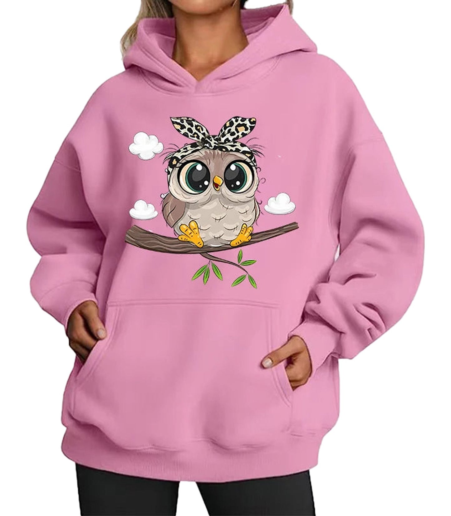 Cute owl hoodie for women in pink with a fun owl design on a branch