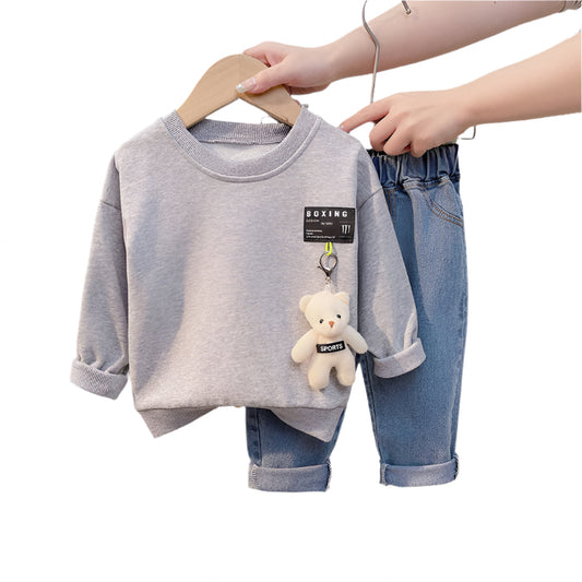 Cute toddler boy clothes with bear plush keychain set featuring a gray sweatshirt and blue rolled-up jeans