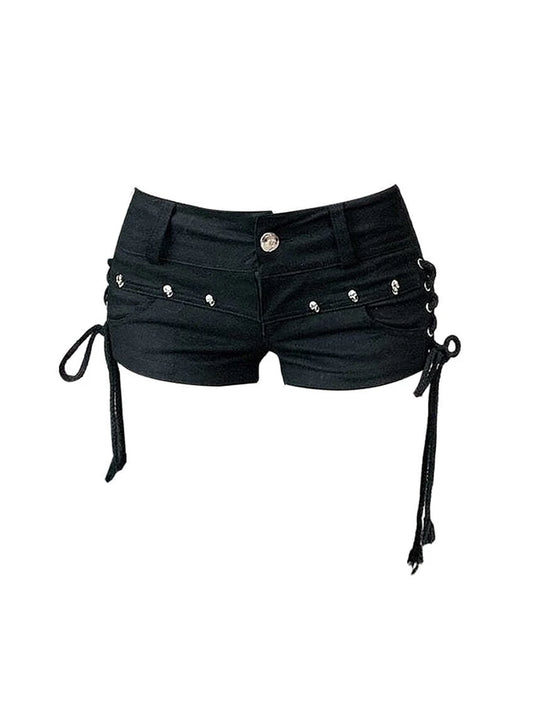 Black gothic denim shorts women with lace-up sides and decorative skull accents