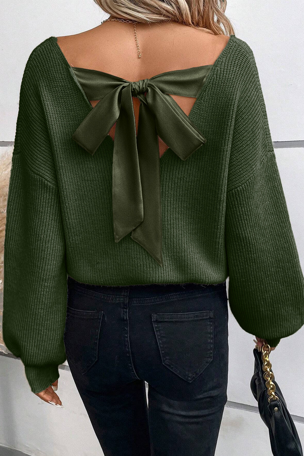 Red Lantern Sleeve Sweater With Bow Detail