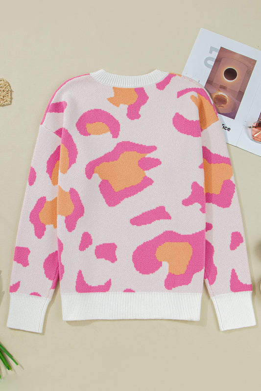 Pink Leopard Print Sweater For Trendy Style