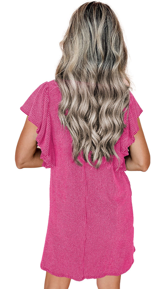 Rose Red Textured Ruffled Flutter Sleeve Mini Dress